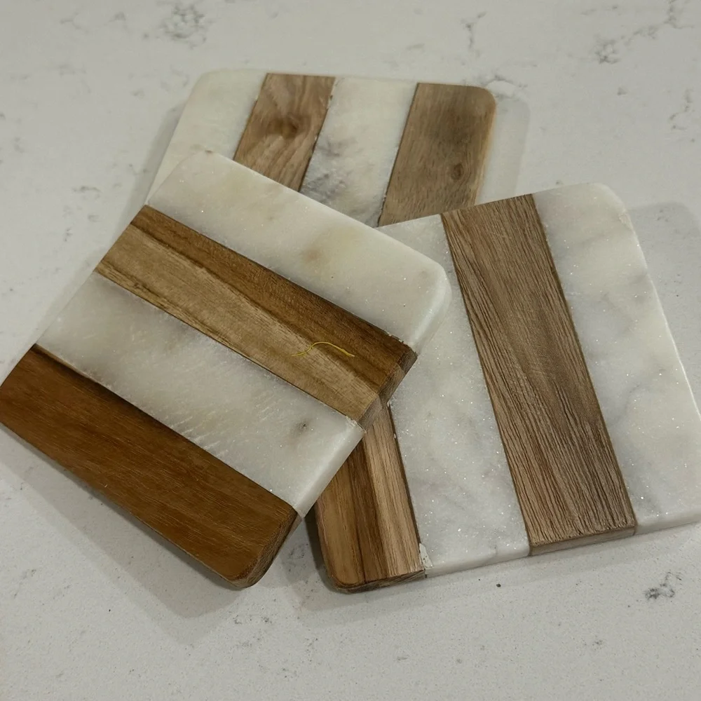 SQUARE MARBLE AND WOOD COASTER 4”(SET OF 3